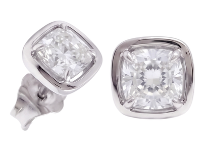 Ladies 2 Carat Cushion Cut Stud Lab Grown Diamonds Earring White Gold 14K