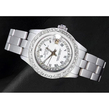 Ladies Date Watch With White String Natural Earth Mined Diamond Dial Bezel Ss Oyster