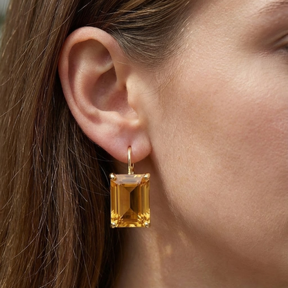 Ladies Drop Leverback Earrings 40 Carats Emerald Cut Madeira Citrine