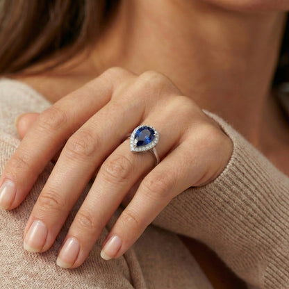 Natural Real ( Not Lab Grown )  Ladies Halo Ring Pear Cut Ceylon Sapphire 2.50 Carats White Gold 14K