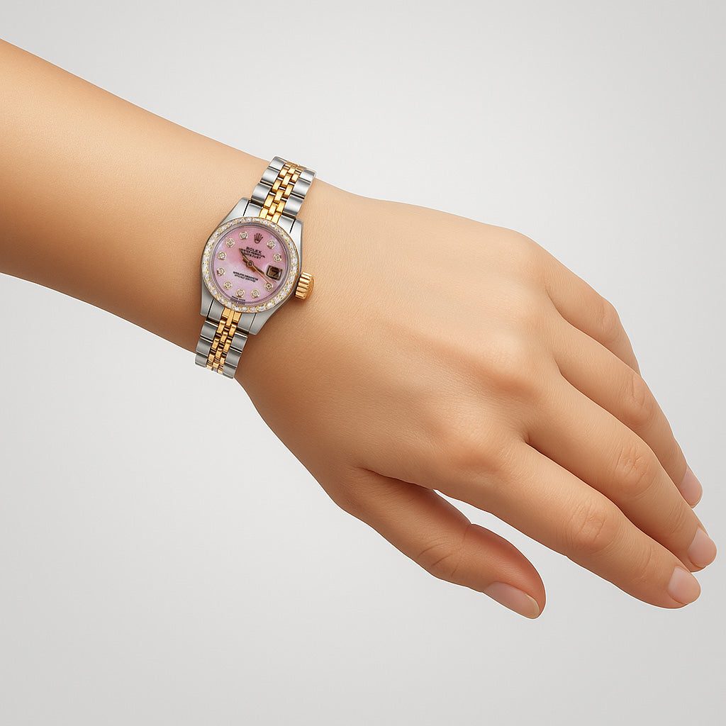 Ladies Pink Mop Diamond Dial Watch Rolex Datejust Two Tone