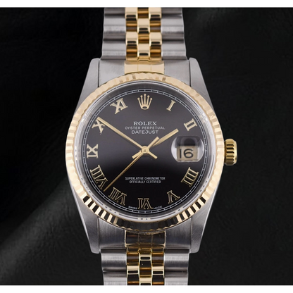 Ladies Rolex 31mm Datejust Two Tone Black Roman Dial Watch