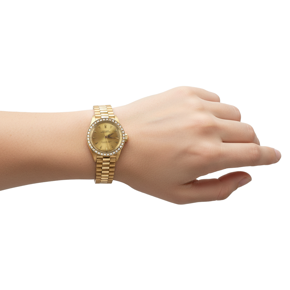 Ladies Rolex Oyster Perpetual Diamond Bezel Yellow Gold Watch P4