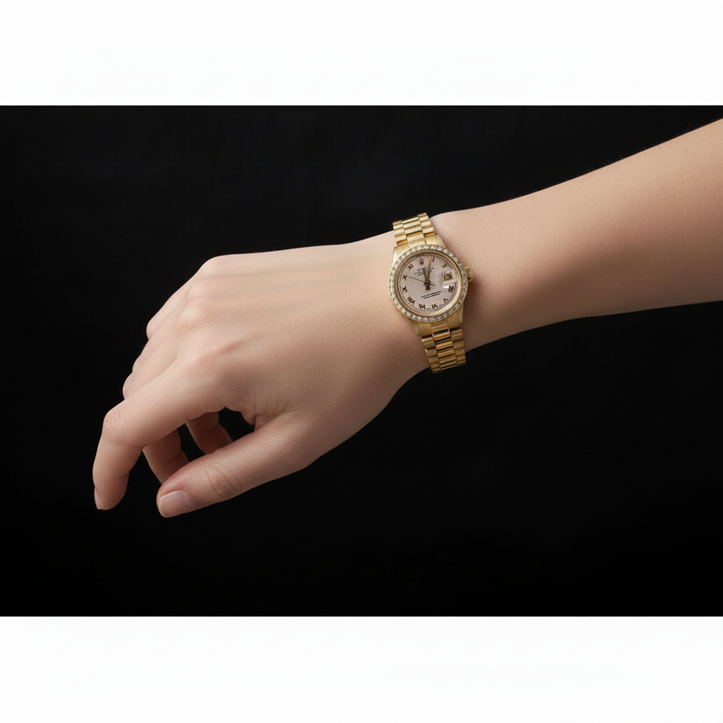 Lady Rolex Datejust Watch Diamond Bezel Oyster Bracelet Yellow Gold