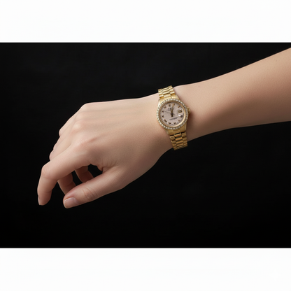 Lady Rolex Datejust Watch Diamond Bezel Oyster Bracelet Yellow Gold