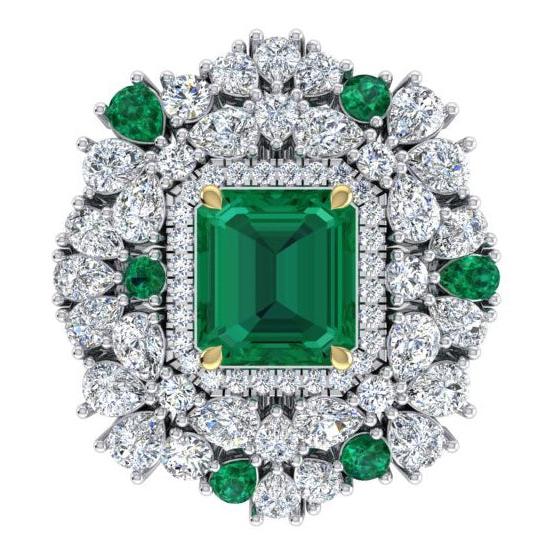 Large Cocktail Ring Unique with Real Green Emerald GIA and Natural Diamonds