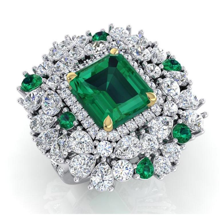 Large Cocktail Ring Unique with Real Green Emerald GIA and Natural Diamonds