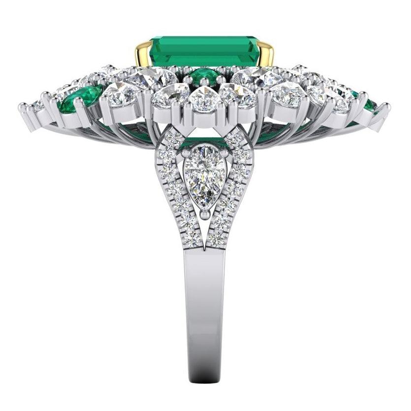 Large Cocktail Ring Unique with Real Green Emerald GIA and Natural Diamonds