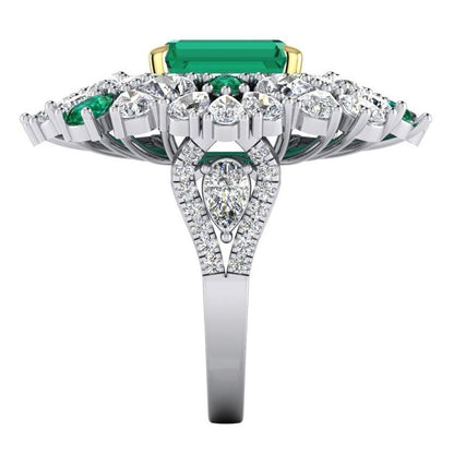 Large Cocktail Ring Unique with Real Green Emerald GIA and Natural Diamonds