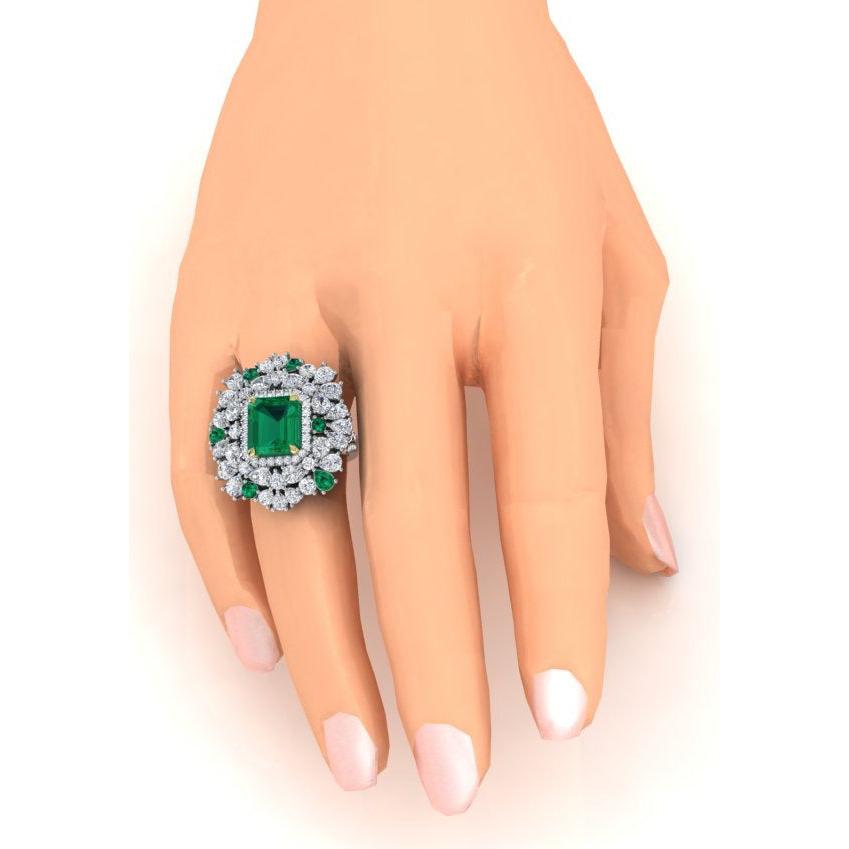 Large Cocktail Ring Unique with Real Green Emerald GIA and Natural Diamonds