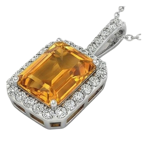 Madeira Citrine Halo Natural Earth Mined Diamond Pendant Necklace 15 Carats White Gold 14K