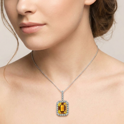 Madeira Citrine Halo Natural Earth Mined Diamond Pendant Necklace 15 Carats White Gold 14K
