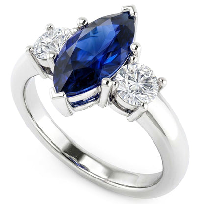 Marquise And Round Cut 2.50 Ct Sapphire And Natural Earth Mined Diamonds Ring White Gold