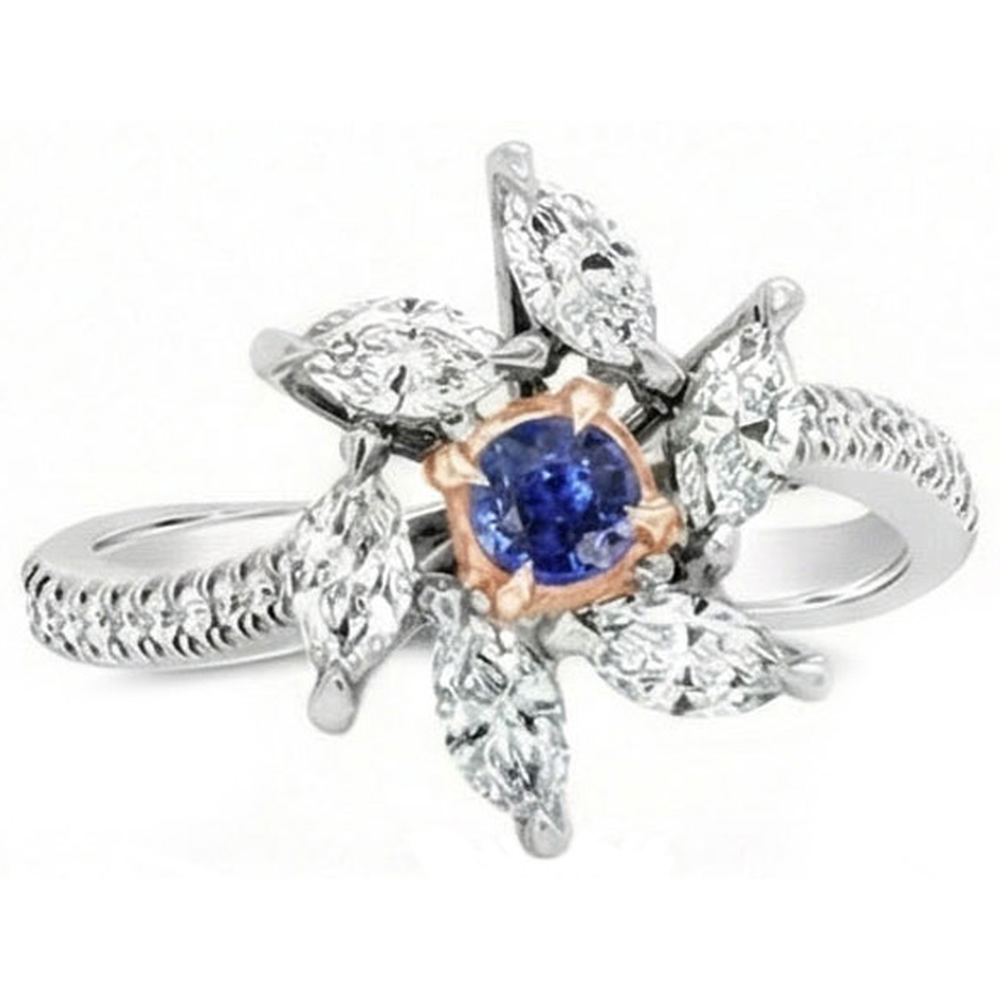 Marquise Natural Earth Mined Diamond Round Sapphire Ring Flower Style 2.50 Carats Two Tone