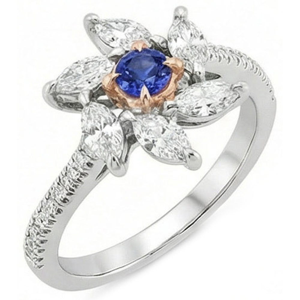 Marquise Natural Earth Mined Diamond Round Sapphire Ring Flower Style 2.50 Carats Two Tone
