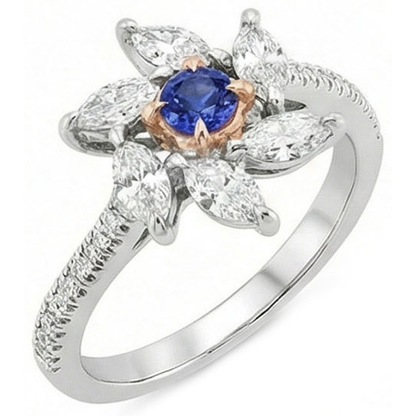 Marquise Natural Earth Mined Diamond Round Sapphire Ring Flower Style 2.50 Carats Two Tone