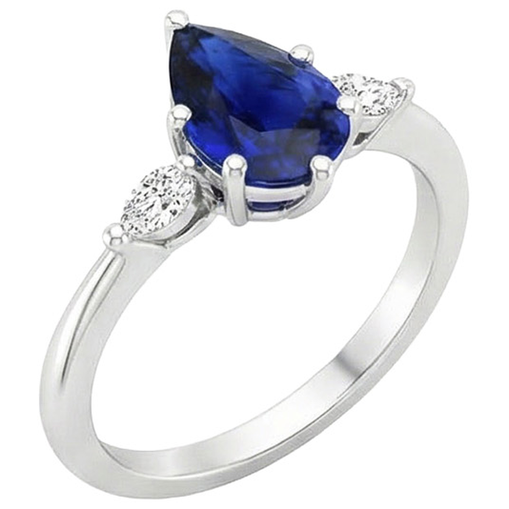 Marquise Natural Earth Mined Diamond Three Stone Ring Pear Ceylon Sapphire 3 Carats