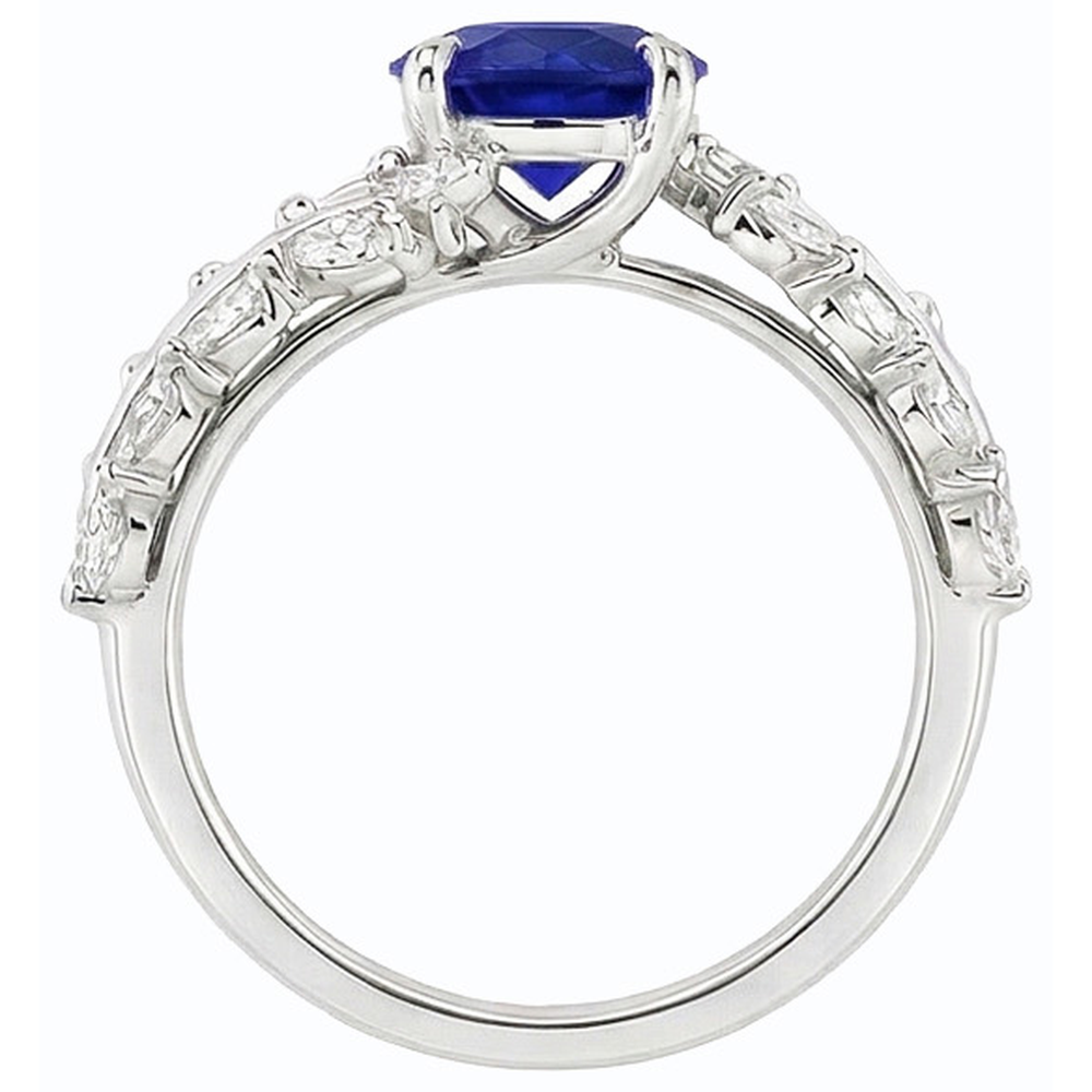 Marquise Natural Earth Mined Diamond & Round Ceylon Sapphire Ring Leaf Style 4.50 Carats