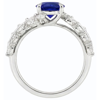 Marquise Natural Earth Mined Diamond & Round Ceylon Sapphire Ring Leaf Style 4.50 Carats