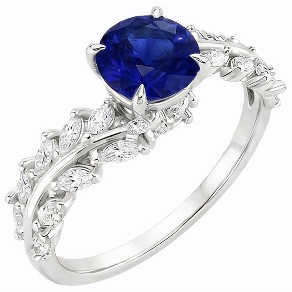 Marquise Natural Earth Mined Diamond & Round Ceylon Sapphire Ring Leaf Style 4.50 Carats