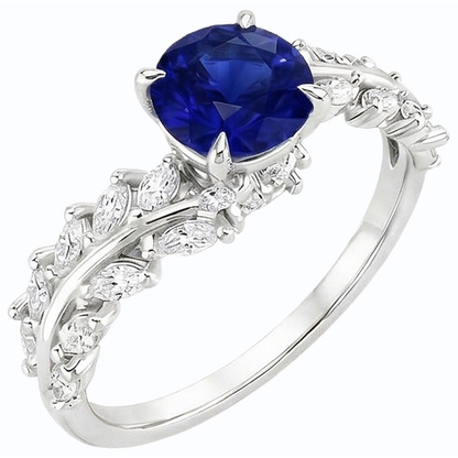 Marquise Natural Earth Mined Diamond & Round Ceylon Sapphire Ring Leaf Style 4.50 Carats