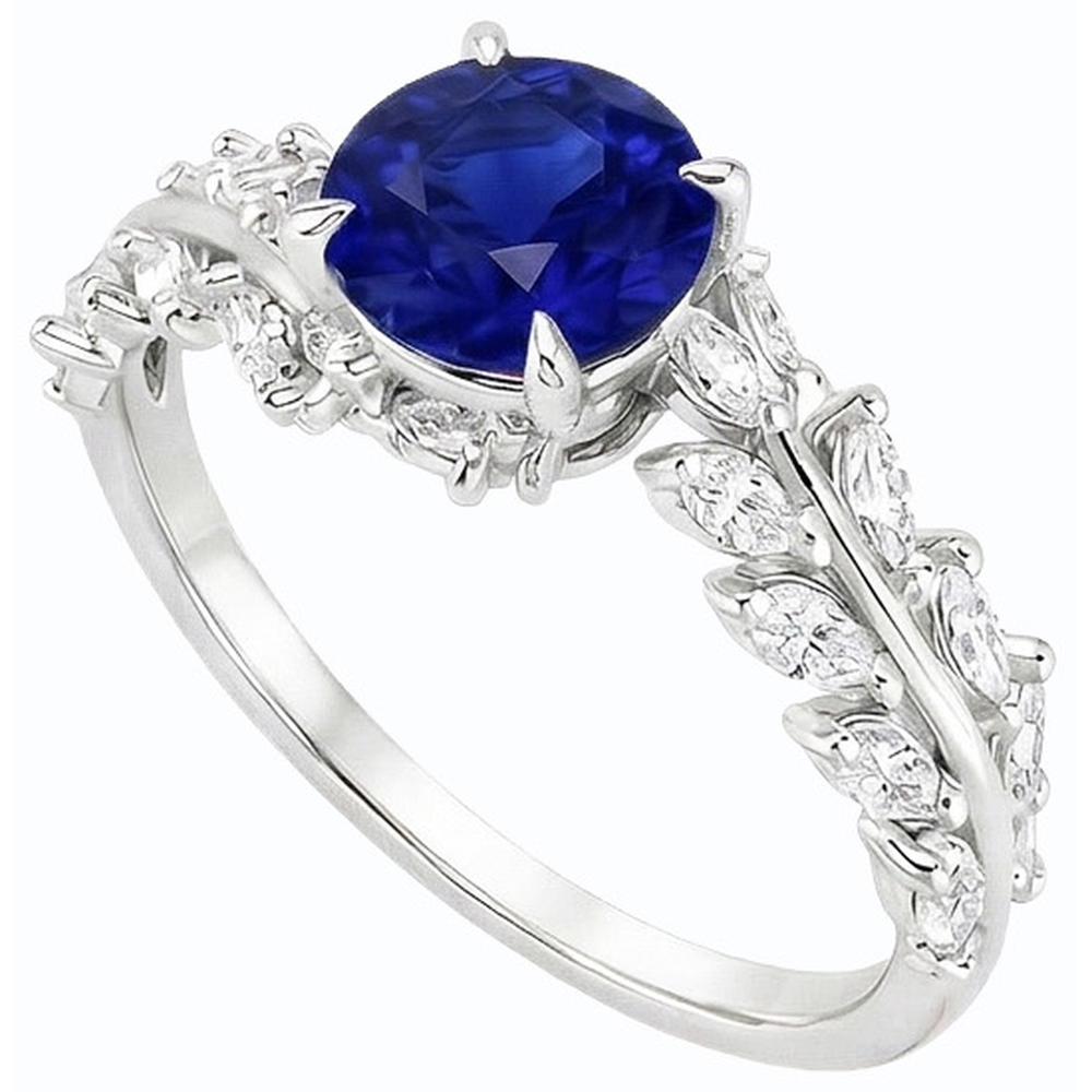 Marquise Natural Earth Mined Diamond & Round Ceylon Sapphire Ring Leaf Style 4.50 Carats