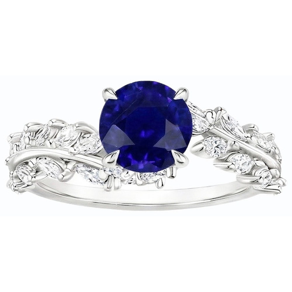 Marquise Natural Earth Mined Diamond & Round Ceylon Sapphire Ring Leaf Style 4.50 Carats