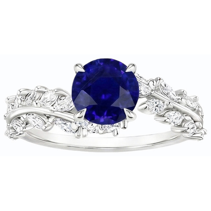 Marquise Natural Earth Mined Diamond & Round Ceylon Sapphire Ring Leaf Style 4.50 Carats