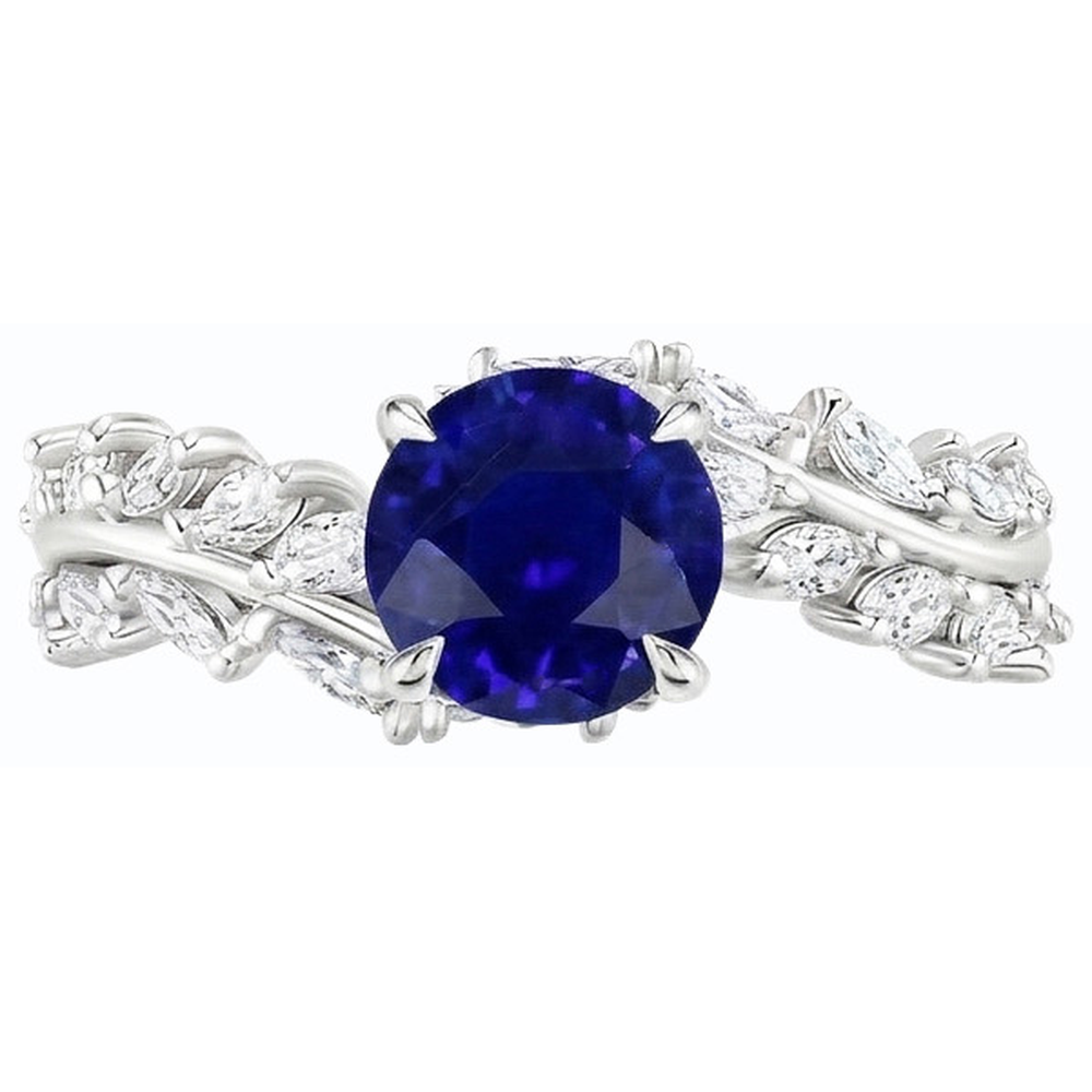 Marquise Natural Earth Mined Diamond & Round Ceylon Sapphire Ring Leaf Style 4.50 Carats