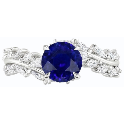 Marquise Natural Earth Mined Diamond & Round Ceylon Sapphire Ring Leaf Style 4.50 Carats