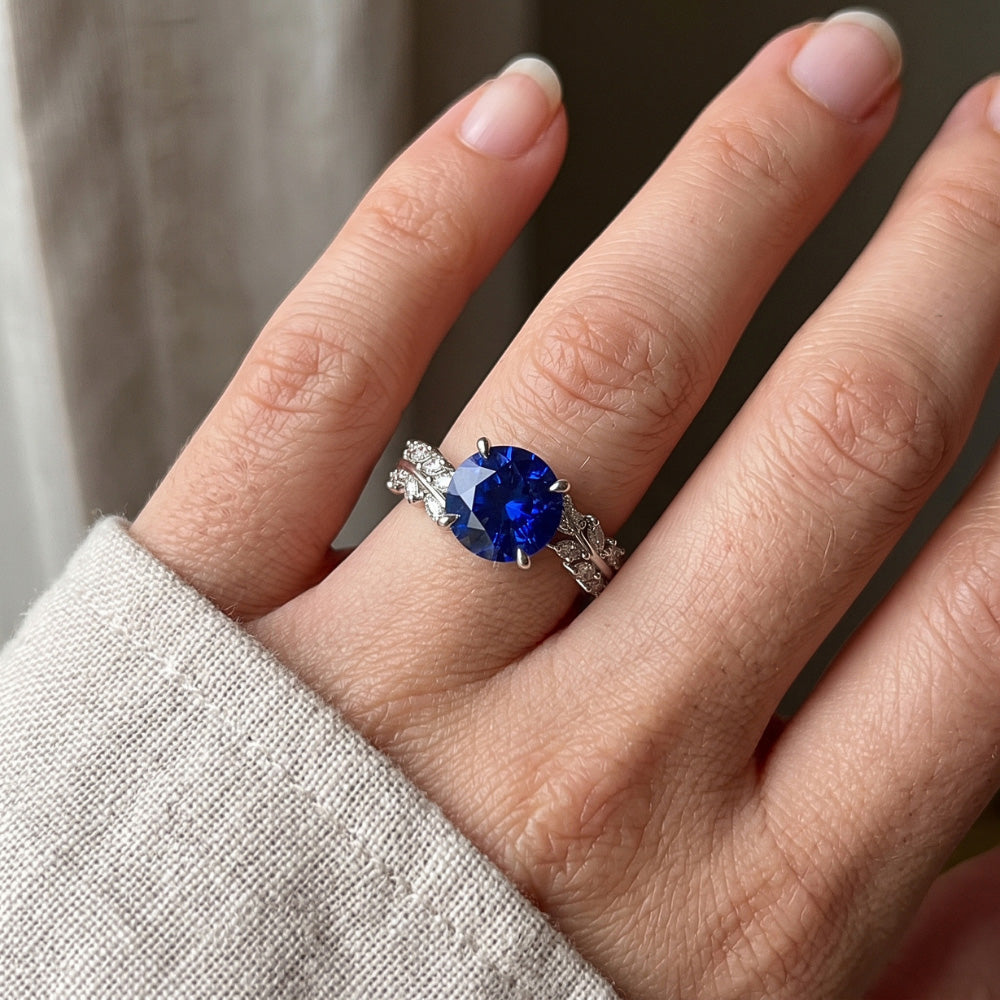 Marquise Natural Earth Mined Diamond & Round Ceylon Sapphire Ring Leaf Style 4.50 Carats