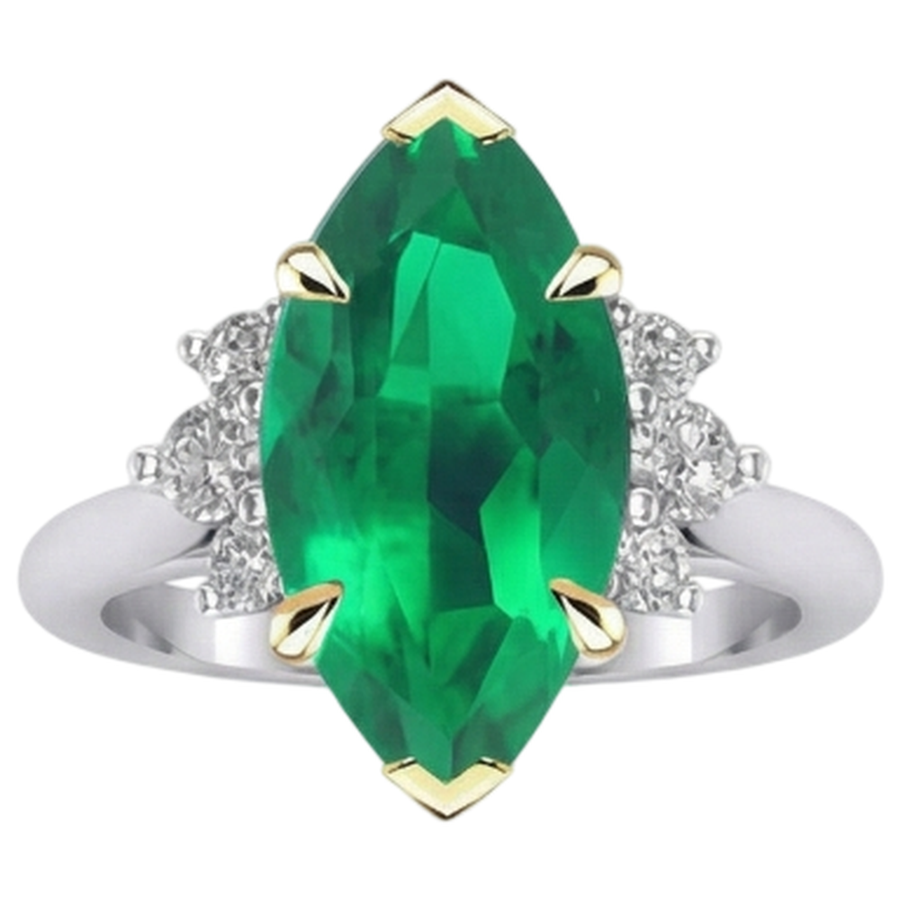 Natural Real ( Not Lab Grown ) Marquise Shape Green Emerald GIA Engagement Ring With Diamonds