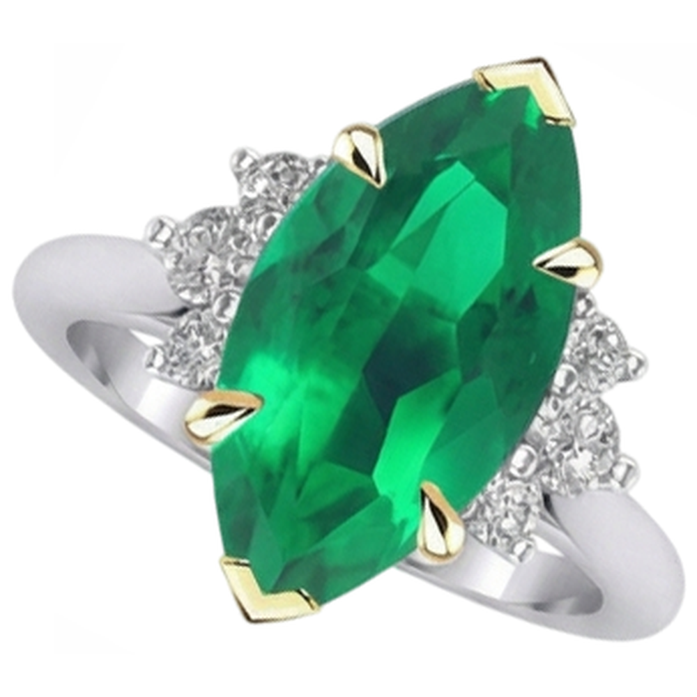 Natural Real ( Not Lab Grown ) Marquise Shape Green Emerald GIA Engagement Ring With Diamonds