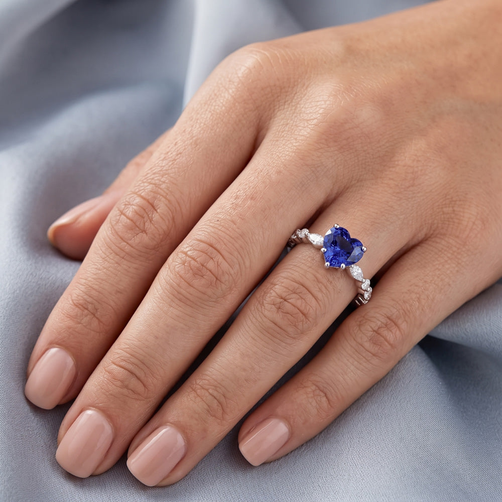 Marquise & Round Natural Earth Mined Diamond Ring Heart Light Blue Sapphire 3 Carats