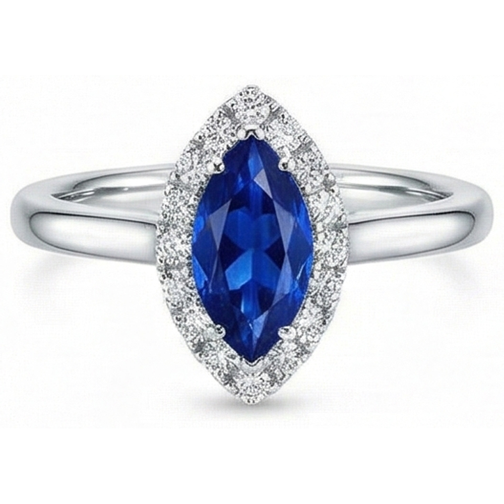 Marquise Ceylon Blue Sapphire Round Natural Earth Mined Diamonds 2 Ct Wedding Ring Gold