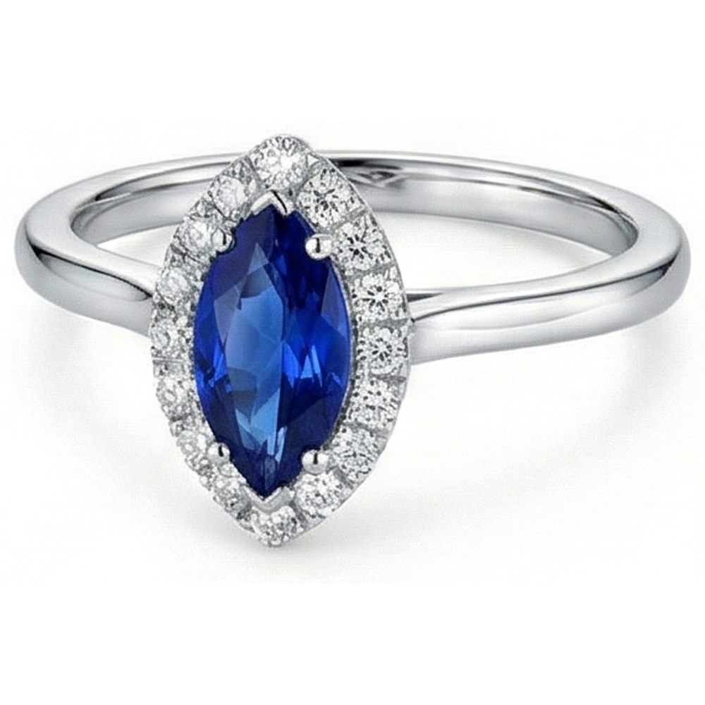 Marquise Ceylon Blue Sapphire Round Natural Earth Mined Diamonds 2 Ct Wedding Ring Gold