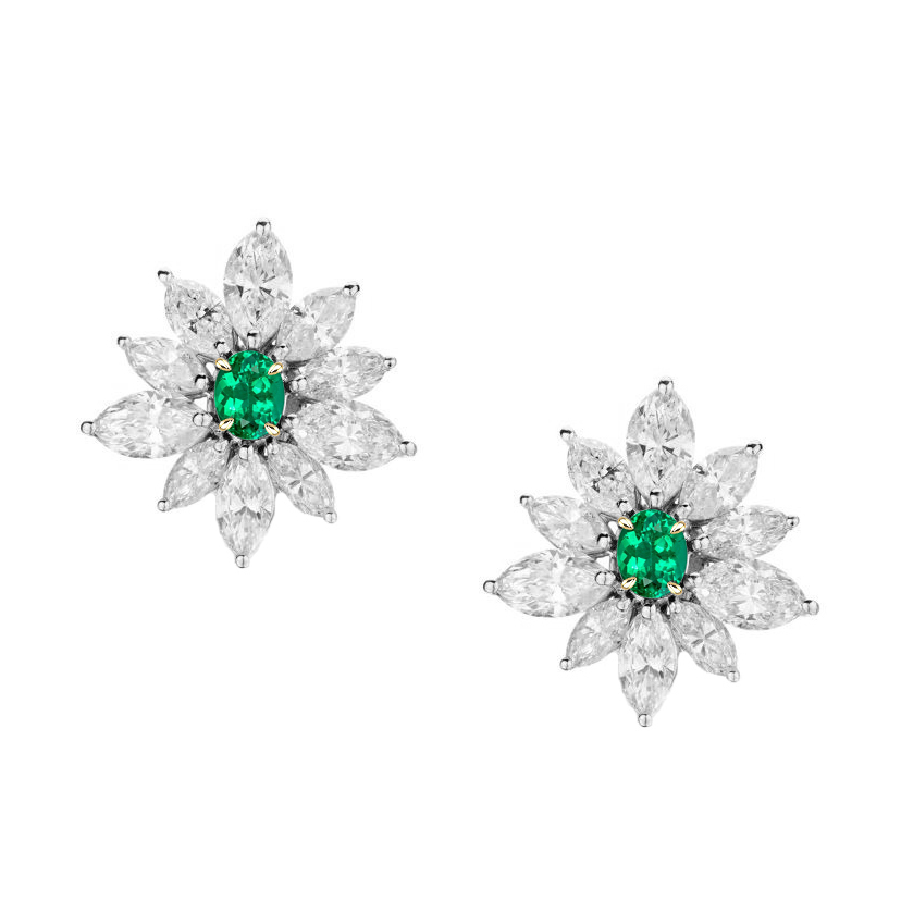 Marquise Diamond Flower Style Earrings Oval Green Emerald Jewelry