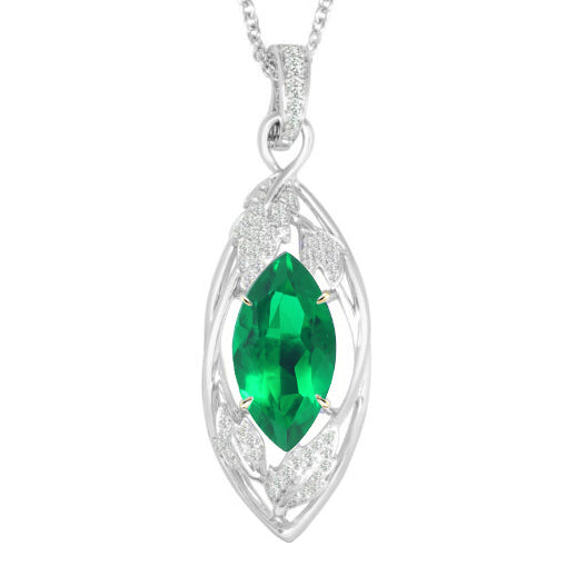 Marquise Green Emerald And Diamond Pendant Gold 14K