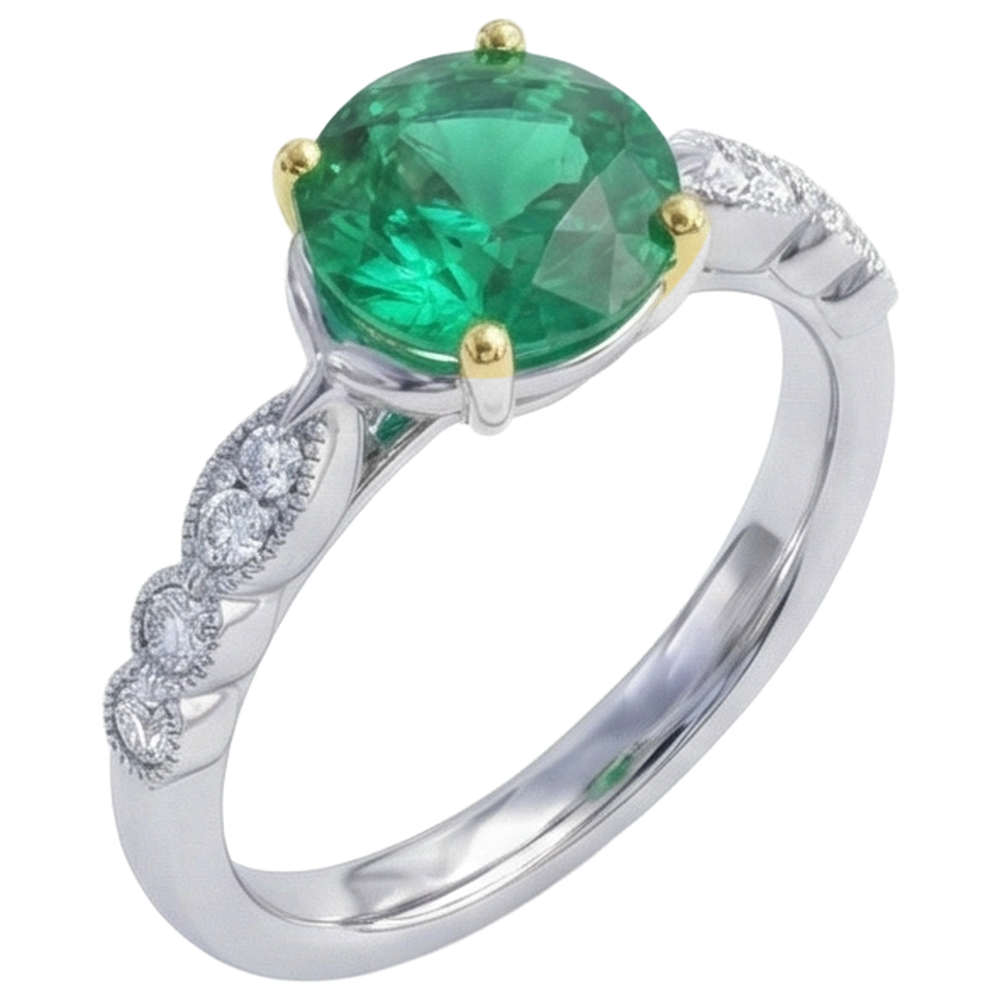 Natural Real ( Not Lab Grown ) May Birthstone Green Emerald GIA Ring Milgrain Diamond Jewelry