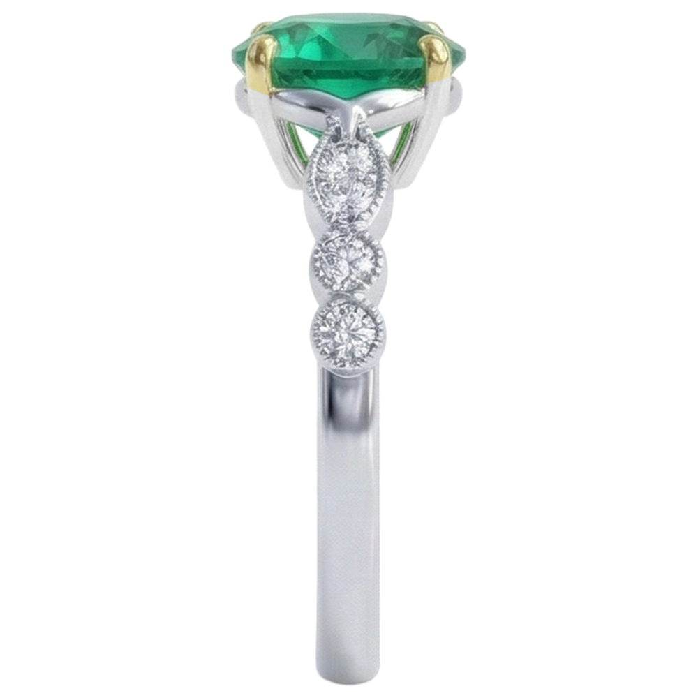Natural Real ( Not Lab Grown ) May Birthstone Green Emerald GIA Ring Milgrain Diamond Jewelry