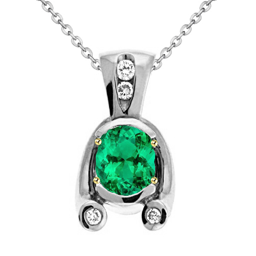 May Birthstone Pendant Oval Green Emerald And Round Diamonds