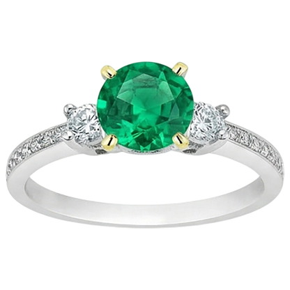 Natural Real ( Not Lab Grown ) May Birthstone Ring Green Emerald GIA Round Cut Diamonds