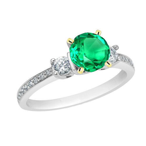 May Birthstone Ring Green Emerald Round Cut Diamonds 