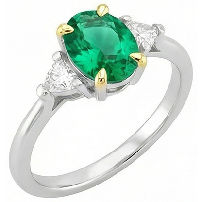 Natural Real ( Not Lab Grown ) May Birthstone Ring Green Emerald GIA Trilliant Diamonds