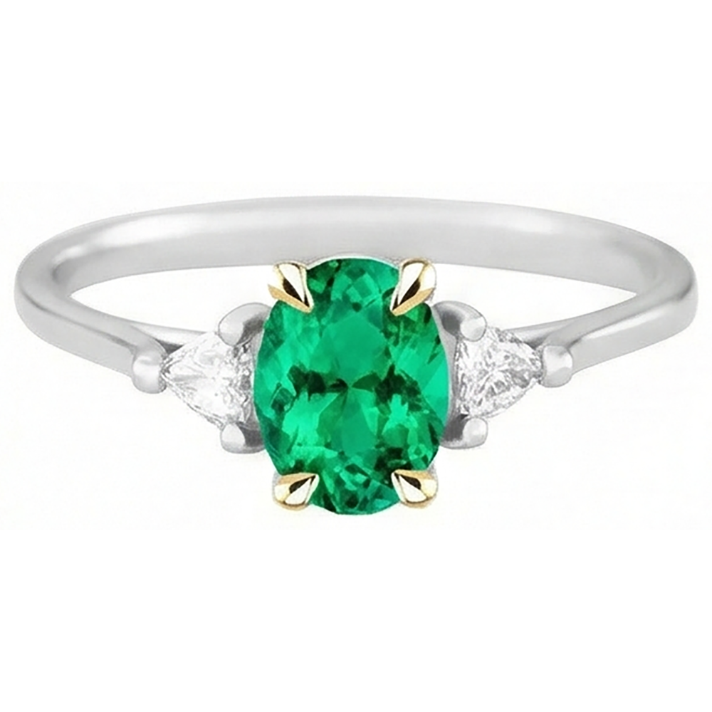 Natural Real ( Not Lab Grown ) May Birthstone Ring Green Emerald GIA Trilliant Diamonds