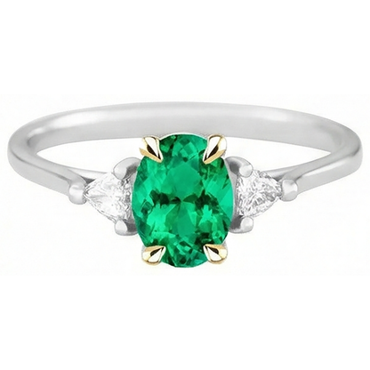Natural Real ( Not Lab Grown ) May Birthstone Ring Green Emerald GIA Trilliant Diamonds