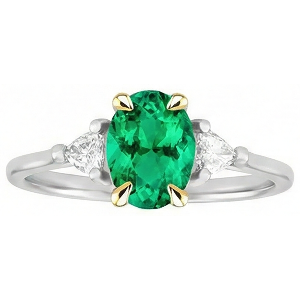 Natural Real ( Not Lab Grown ) May Birthstone Ring Green Emerald GIA Trilliant Diamonds