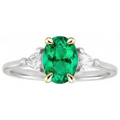 Natural Real ( Not Lab Grown ) May Birthstone Ring Green Emerald GIA Trilliant Diamonds
