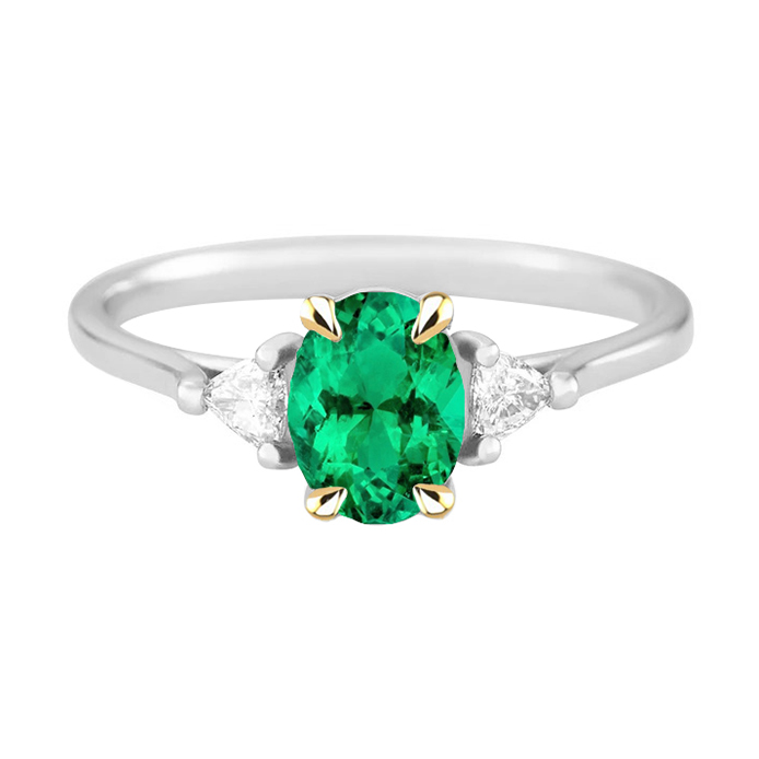 May Birthstone Ring Green Emerald Trilliant Diamonds