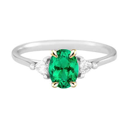 May Birthstone Ring Green Emerald Trilliant Diamonds